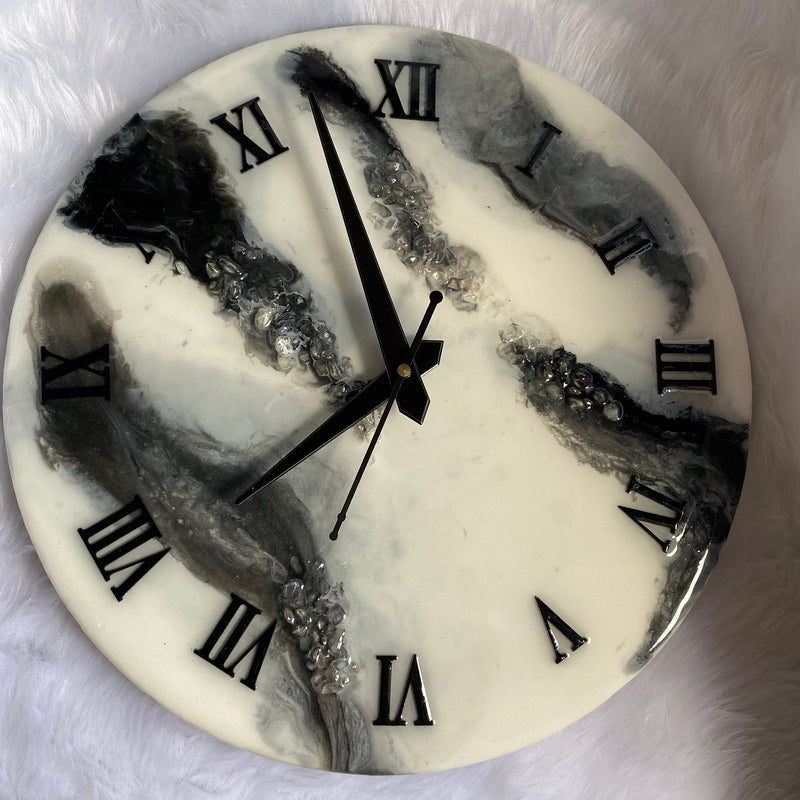 White and Black Abstract Epoxy Resin Wall Clock For Home Decor-0